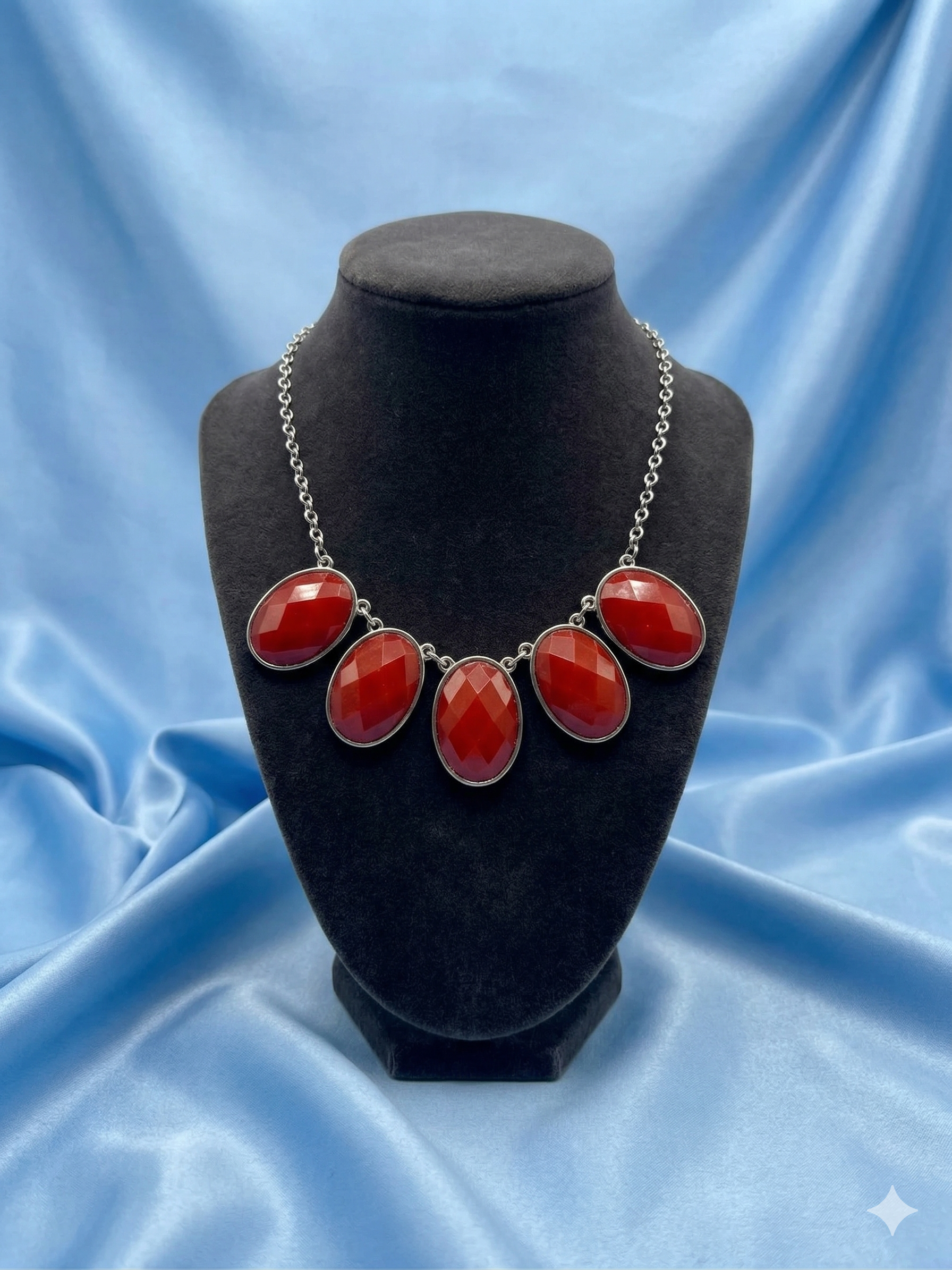 Vintage Silver & Saturated Ruby Red Faceted Glass Bib Necklace - Art Deco Statement