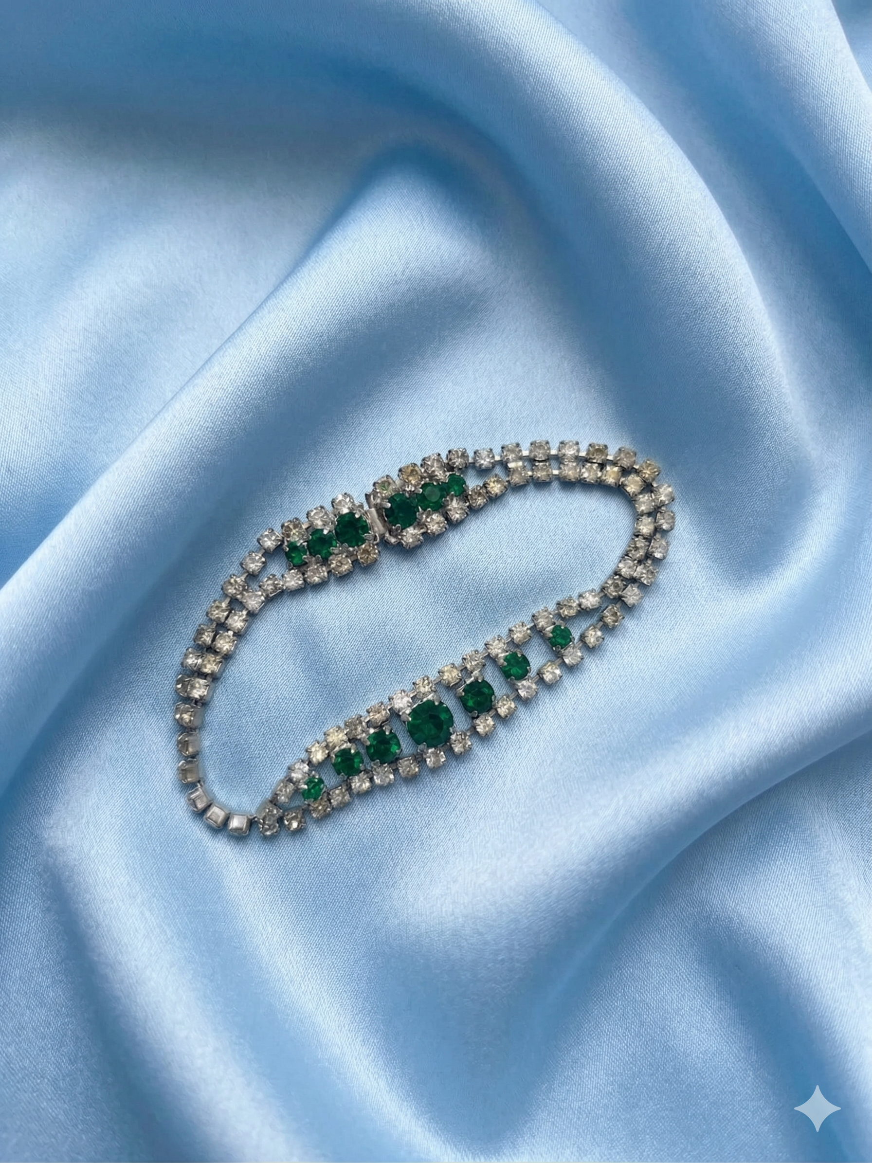 Vintage Two-Strand Emerald Green Art Glass & Rhinestone Tennis Bracelet - MCM Glamour