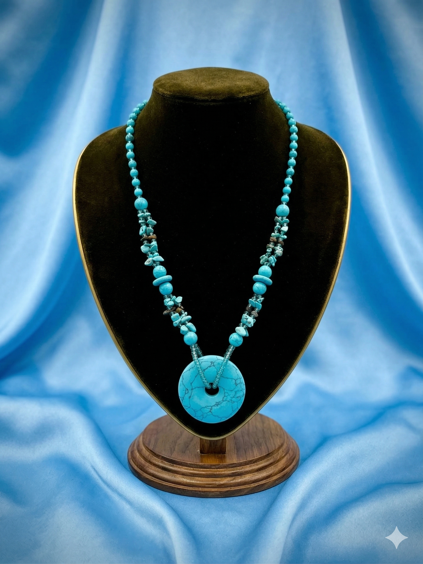 Artisanal Multi-Texture Turquoise Necklace - Large Donut & Mixed-Stone Bib