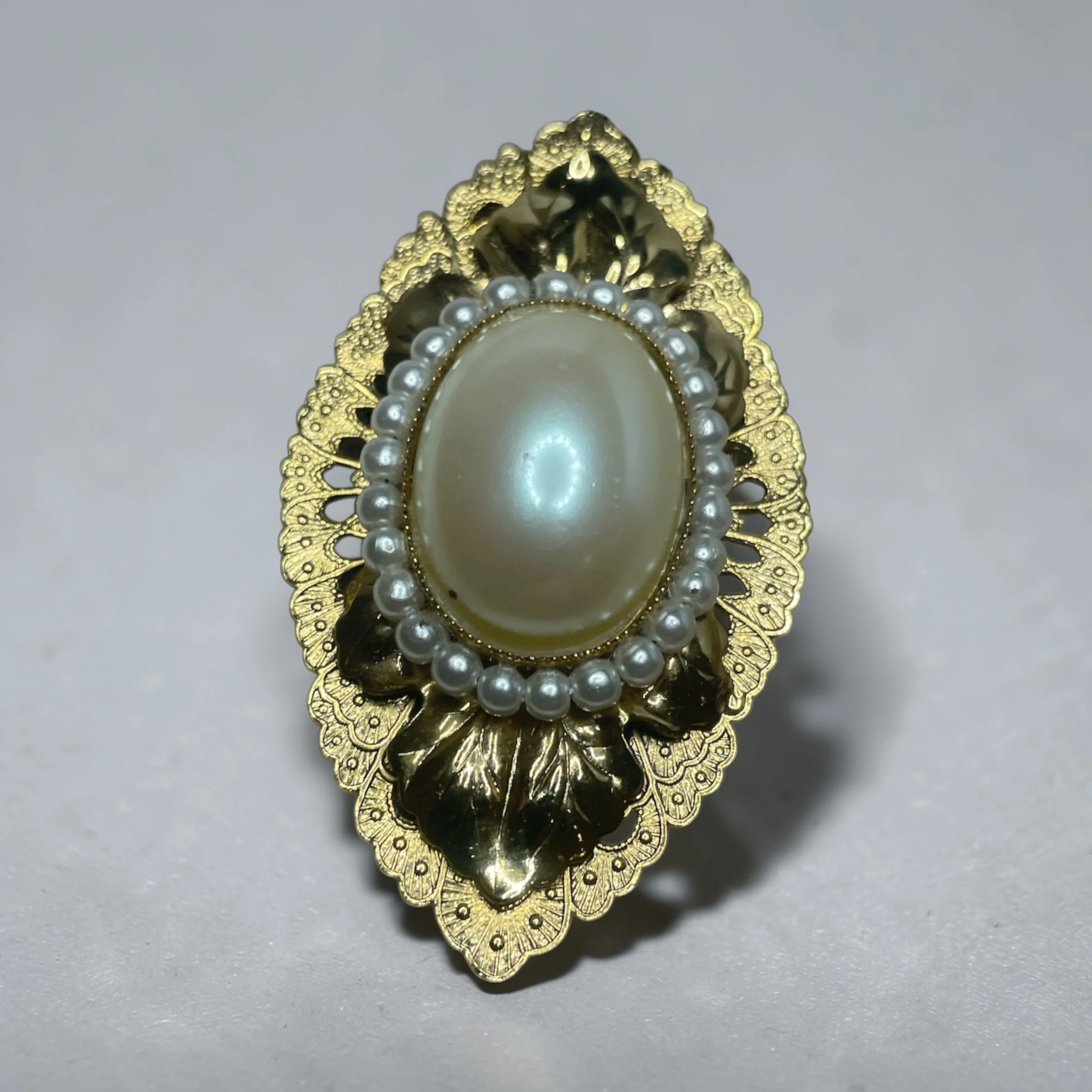 Victorian Revival Gold-Tone Filigree & Pearl Brooch — 16.0g — 3" x 1.5"