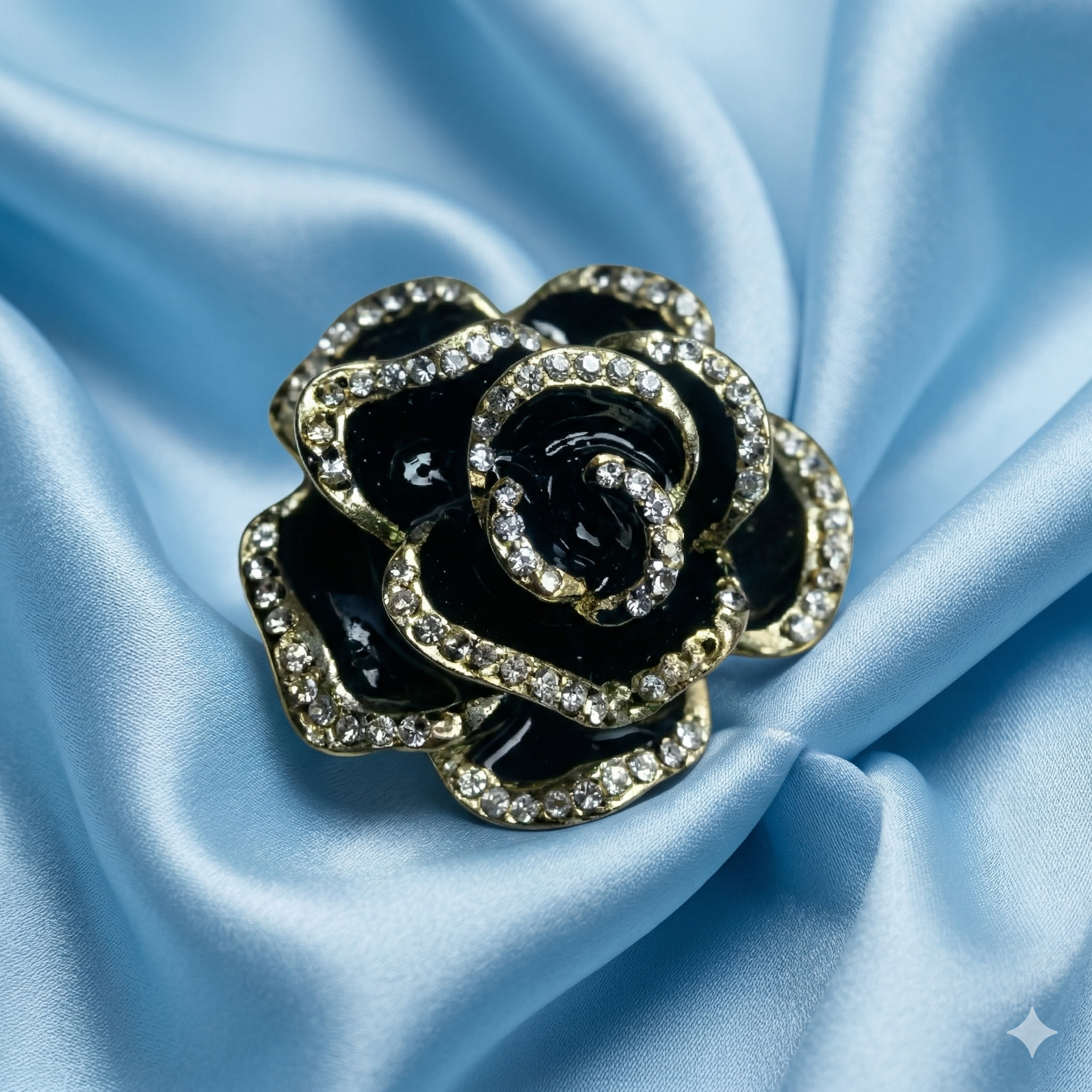 Midnight Noir Crystal Pavé Rose Brooch — 18.0g — 1.5" x 1.5"