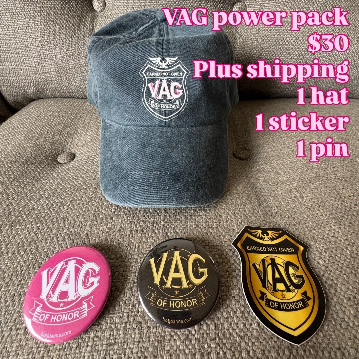 VAG Power Pack $30. 1 hat. 1 sticker. 1 pin