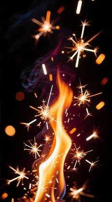 Sparklers with bright streaks of light and sparks against a dark background.