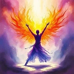 A silhouette of a person standing with arms raised, surrounded by flames or energy, against a colorful abstract background.