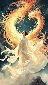 A woman in a flowing white dress surrounded by swirling flames and stars in a mystical night sky.