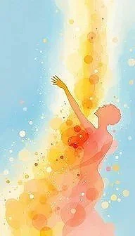 Colorful watercolor painting of a woman stretching her arms upwards, surrounded by splashes of blue, yellow, and orange.