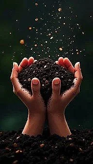 Hands holding a pile of soil with small particles falling from above, against a dark background.