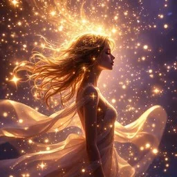 A woman with flowing hair surrounded by glowing, sparkling lights, creating a magical, fantasy-like scene.