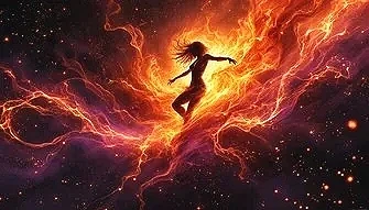 Silhouette of a woman running through a fiery cosmic landscape with bright orange and yellow flames and swirling colors in space.