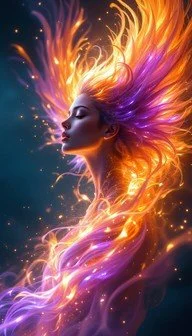 A woman with hair made of fiery, colorful flames and sparks, in a side profile view against a dark background.