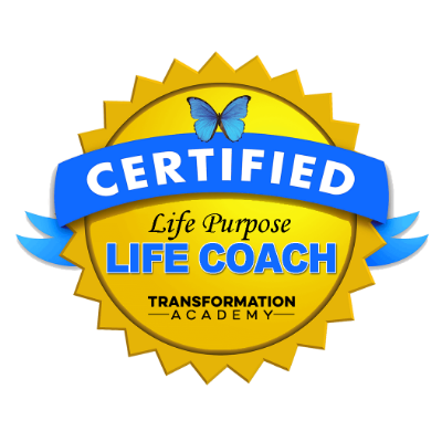 A badge-shaped logo with a yellow sunburst background, a blue butterfly at the top, and a prominent blue ribbon across the middle that reads 'CERTIFIED.' Below, it says 'Life Purpose' and 'LIFE COACH' in bold blue text, with 'TRANSFORMATION ACADEMY' at the bottom.
