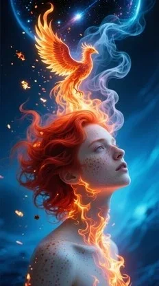 A woman with curly red hair and freckles, with a phoenix rising above her head, surrounded by blue flames and smoke.