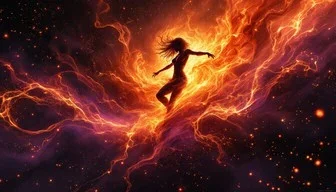 A silhouette of a woman running through a fiery, colorful cosmic scene with glowing clouds and stars.