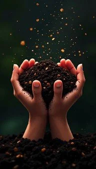 Hands holding a pile of soil with seeds sprouting, with falling soil particles against a dark background.