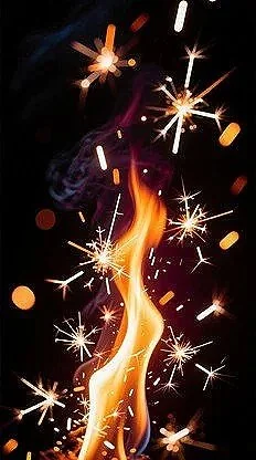 Sparklers burning with bright sparks and a flame against a dark background.