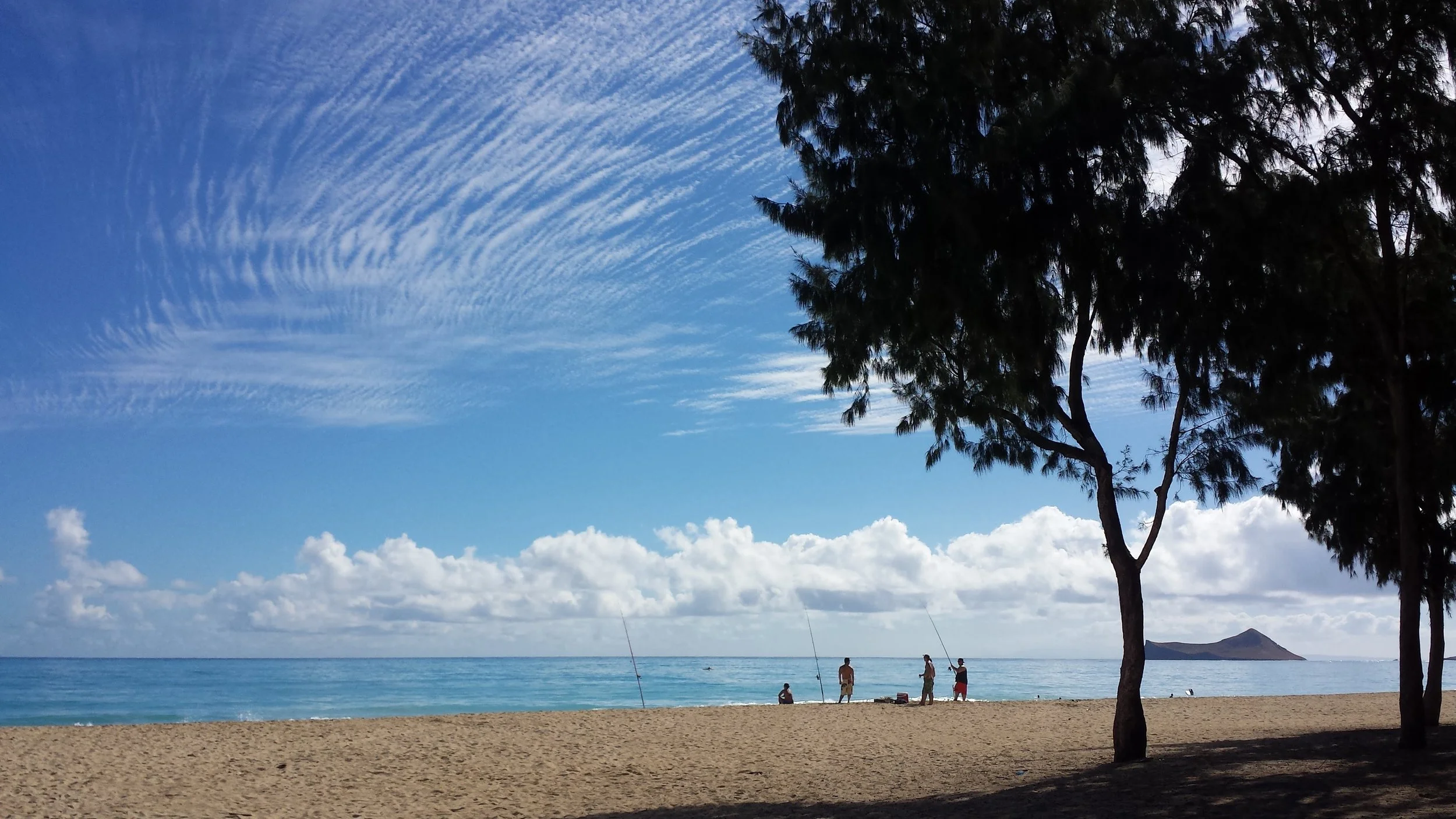 Beach with sandy shore, ocean, and few people fishing. Trees in the foreground, blue sky with wispy clouds and a distant island. Oahu Family Therapy, Honolulu, HI. Providing Individual, Couples, Pre-marital, and Family therapy.