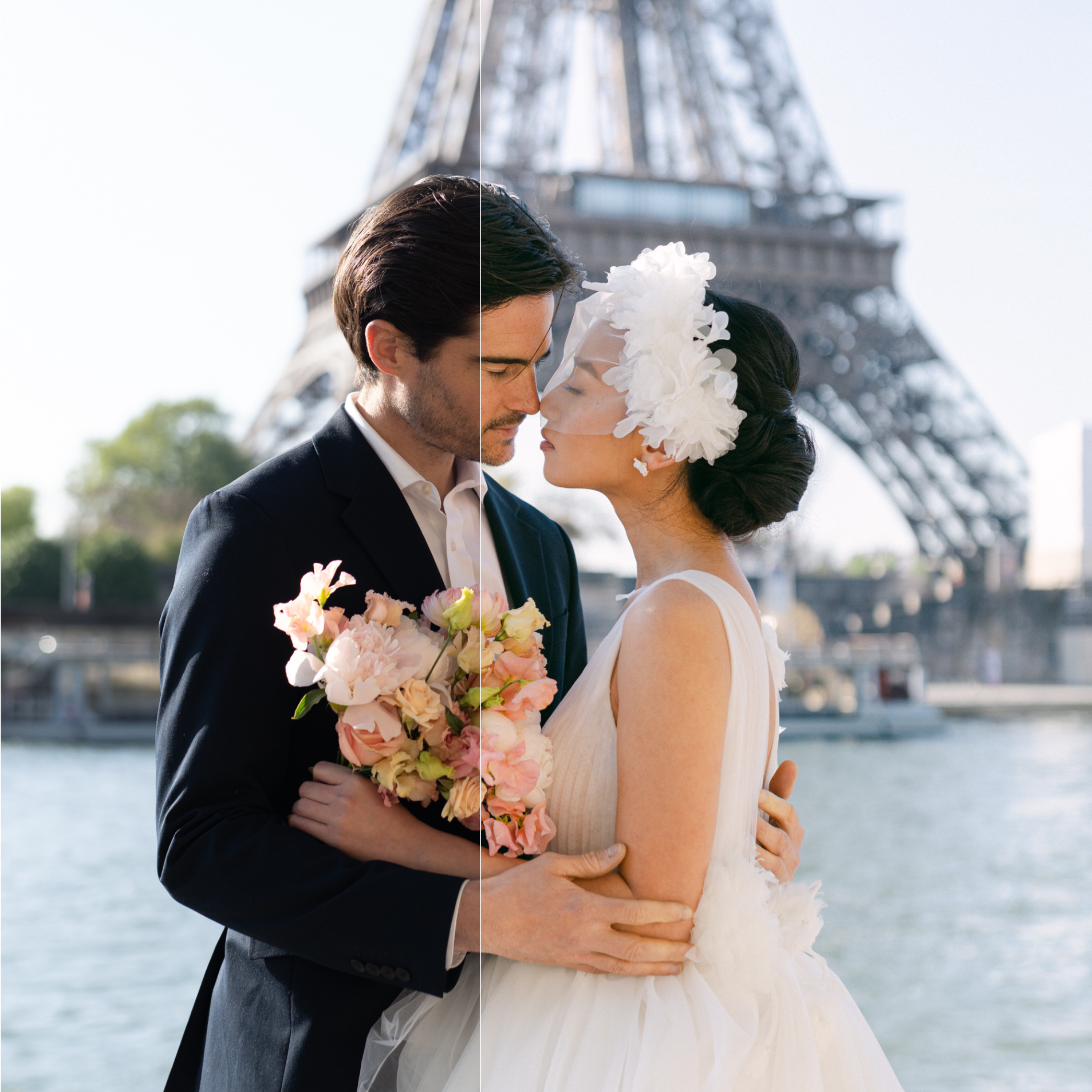 Un couple de mariés pose devant la Tour Eiffel. La mariée porte une robe blanche et un voile avec un grand accessoire floral, et tient un bouquet de fleurs pastel. L'homme porte un costume noir.
