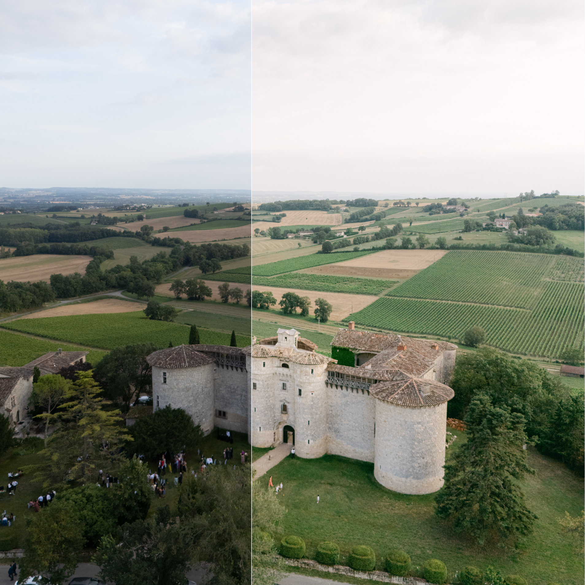 Une cour intérieure d'un château médiéval en pierre avec plusieurs tourelles, entourée d'arbres et de jardins, avec un paysage rural de champs et de collines à l'horizon, sous un ciel partiellement nuageux.