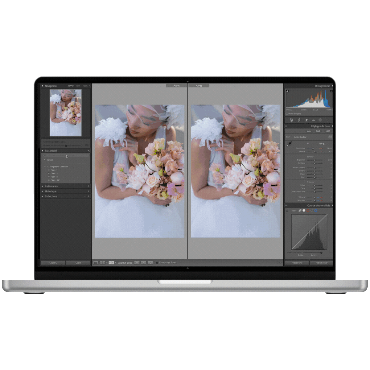 Écran d'ordinateur portable affichant une photo d'une femme portant une robe de mariage avec un bouquet de fleurs, avec un ajustement de photo en cours dans un logiciel de retouche photo.