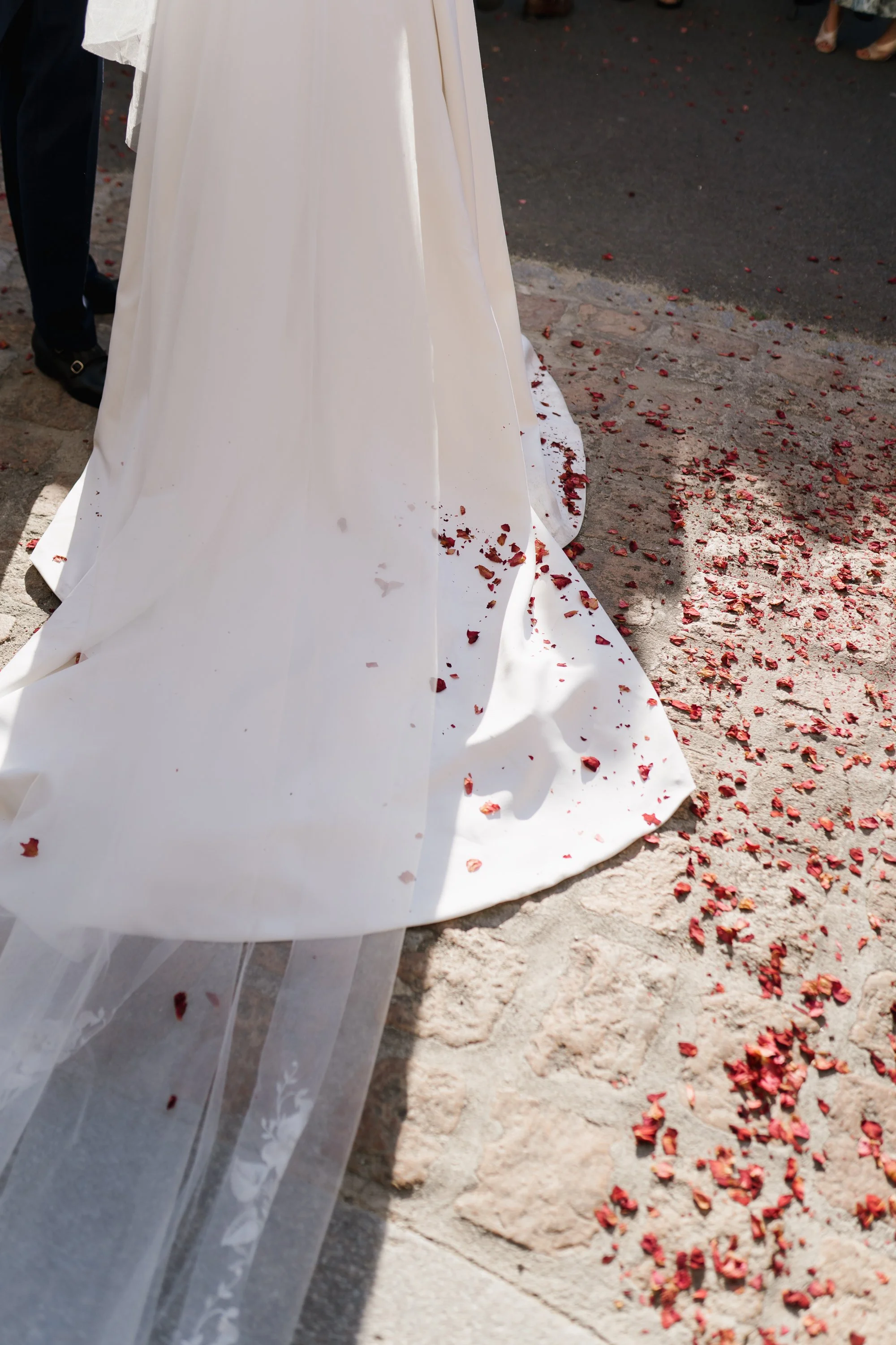 Détails d'une robe de mariée blanche avec des pétales de fleurs rouges éparpillés au sol.
