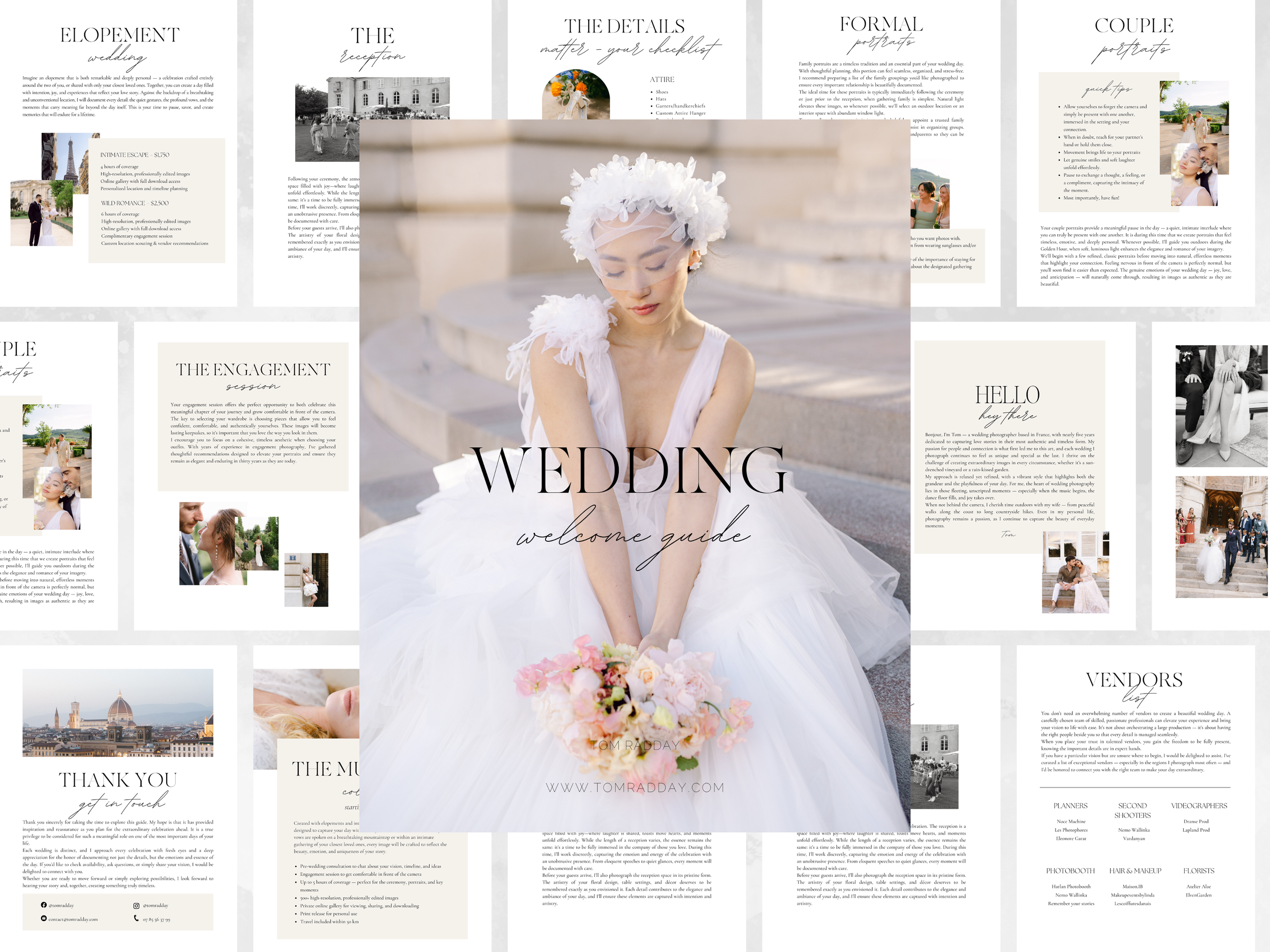 Page de guide de mariage avec une femme en robe de mariée avec un bouquet de fleurs, en extérieur, sur des marches en pierre, arrière-plan de bâtiments en pierre, thème élégant et romantique.