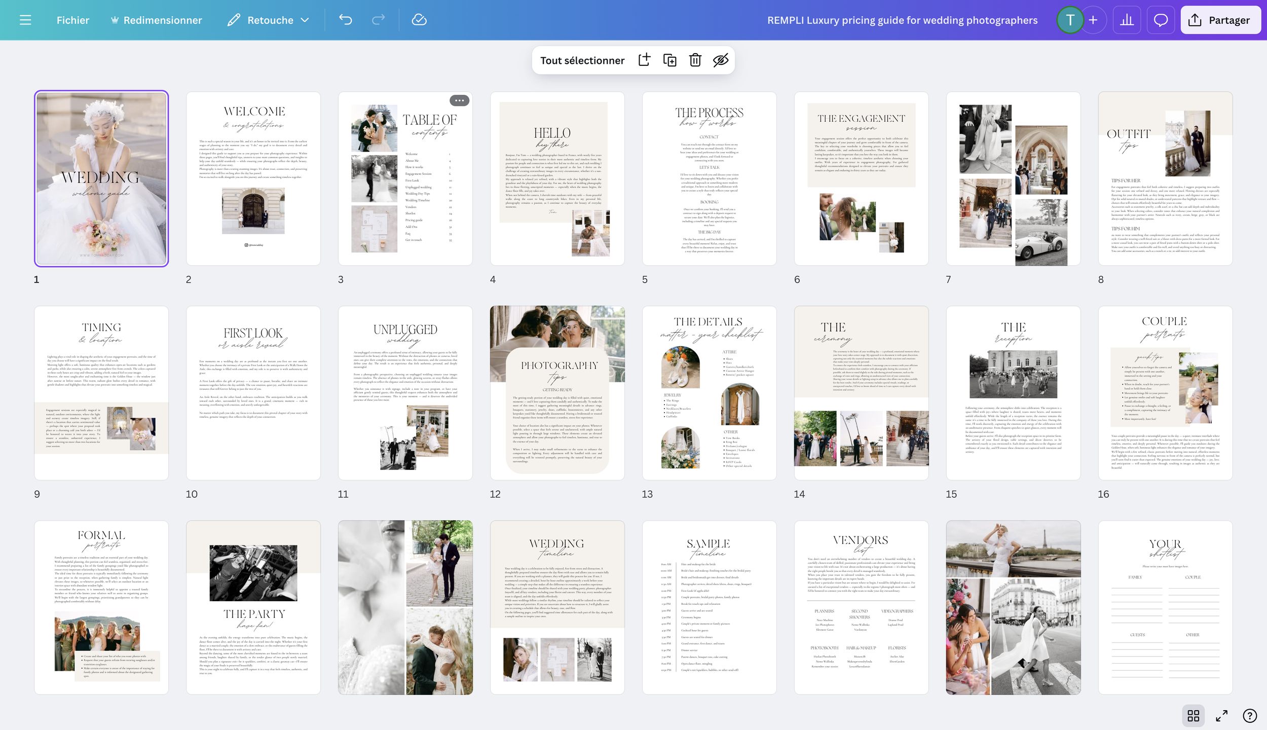Une présentation PowerPoint sur un guide de mariage de luxe pour des photographes de mariage, comprenant des pages d'accueil, de planification, de style de mariage, et de détails du mariage, avec des images de couples, de vêtements de mariage, et de lieux de cérémonie.