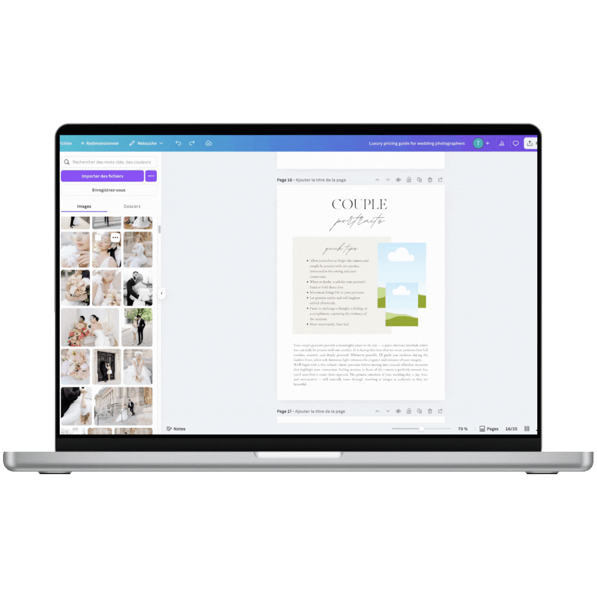 Capture d'écran d'un ordinateur portable affichant un logiciel de conception ou de traitement de texte avec des images de couples lors d'un mariage et des éléments de texte dans un document.