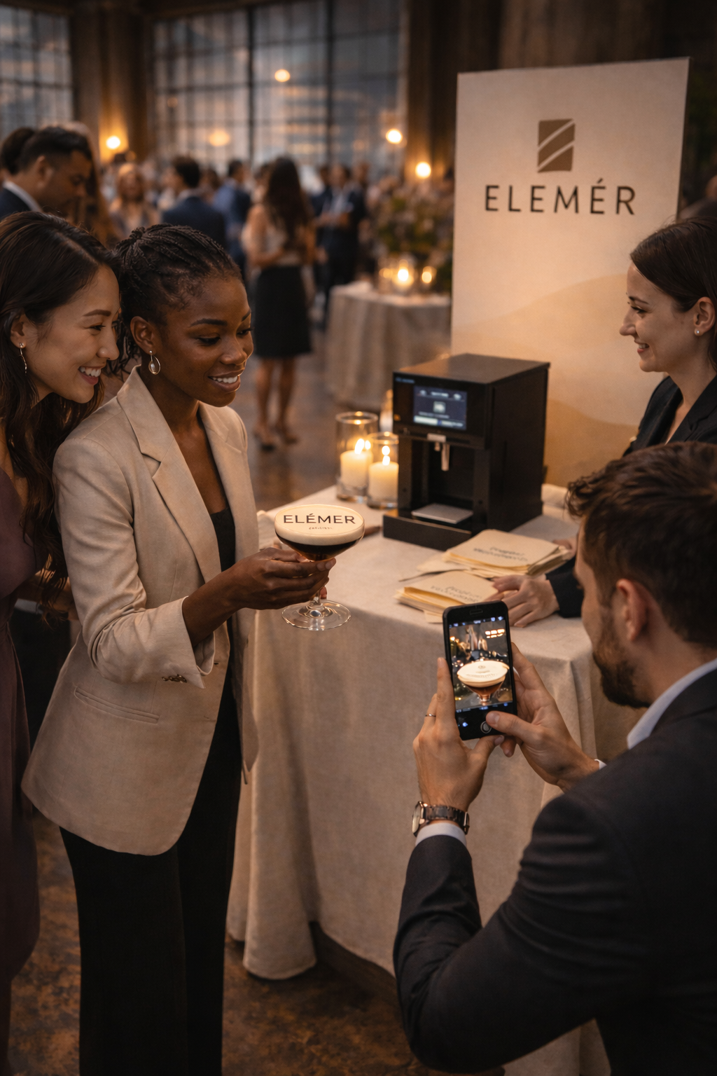 Three women at a formal event, with one woman holding a glass of drink with "ELÉMÉR" branding, while a man takes a photo of her with his phone. There is a table with candles and promotional materials, and a large "ELÉMÉR" sign in the background.
