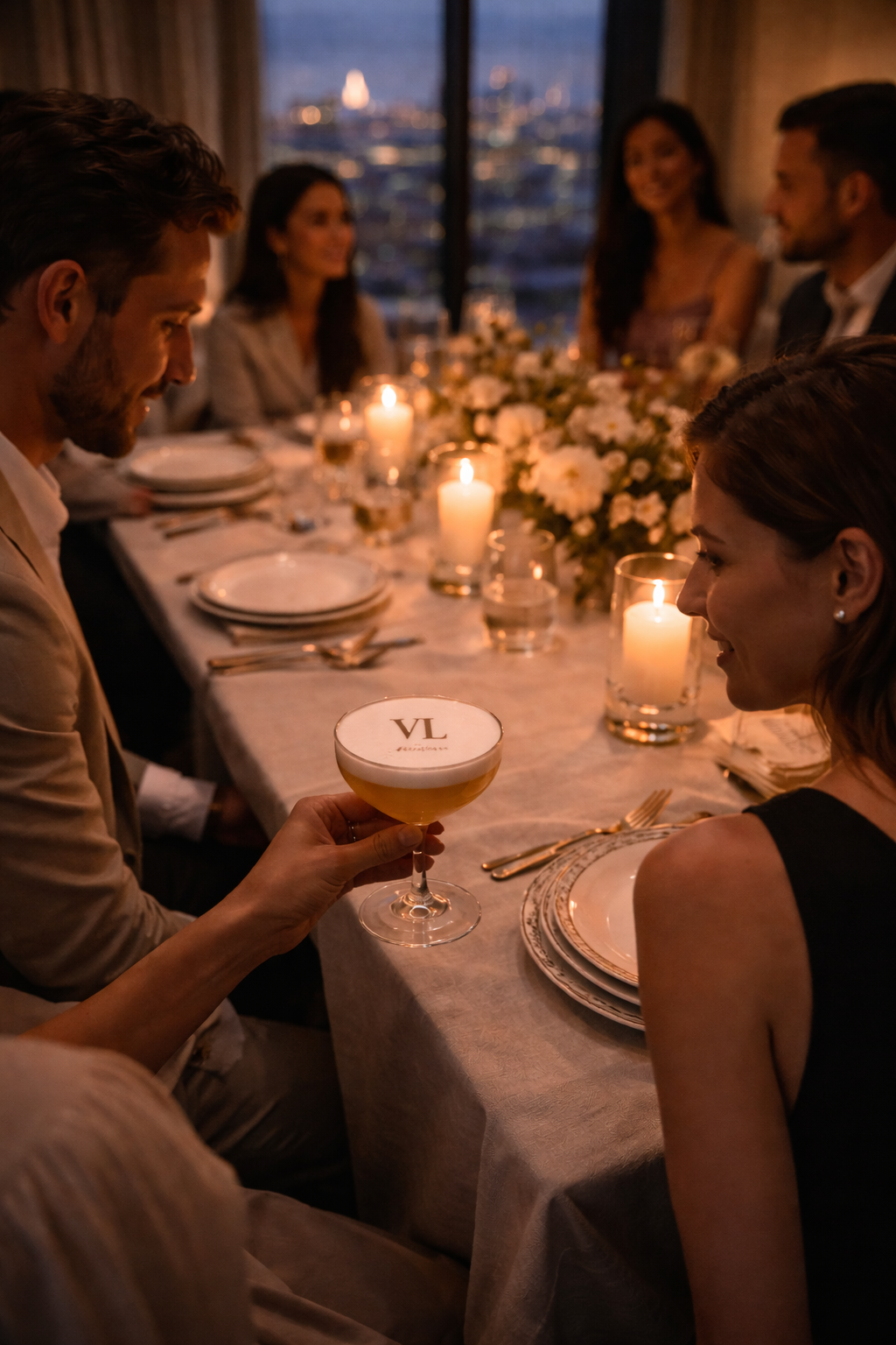 People gathered around a dinner table during a dinner party, with one woman holding a cocktail with a frothy top and the initials 'VL' printed on it, while others are smiling and engaging in conversation in a warmly lit room with a cityscape view at 