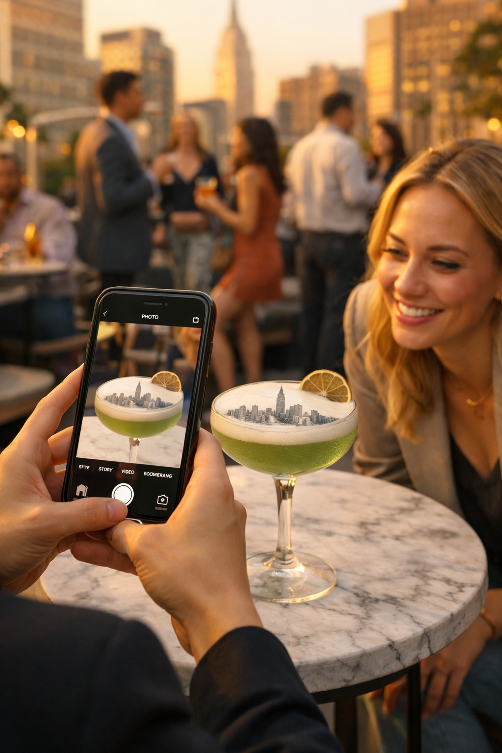 A woman is smiling at a woman taking a picture of two green cocktails with city skyline designs on the foam, on a marble table at an outdoor event during sunset.