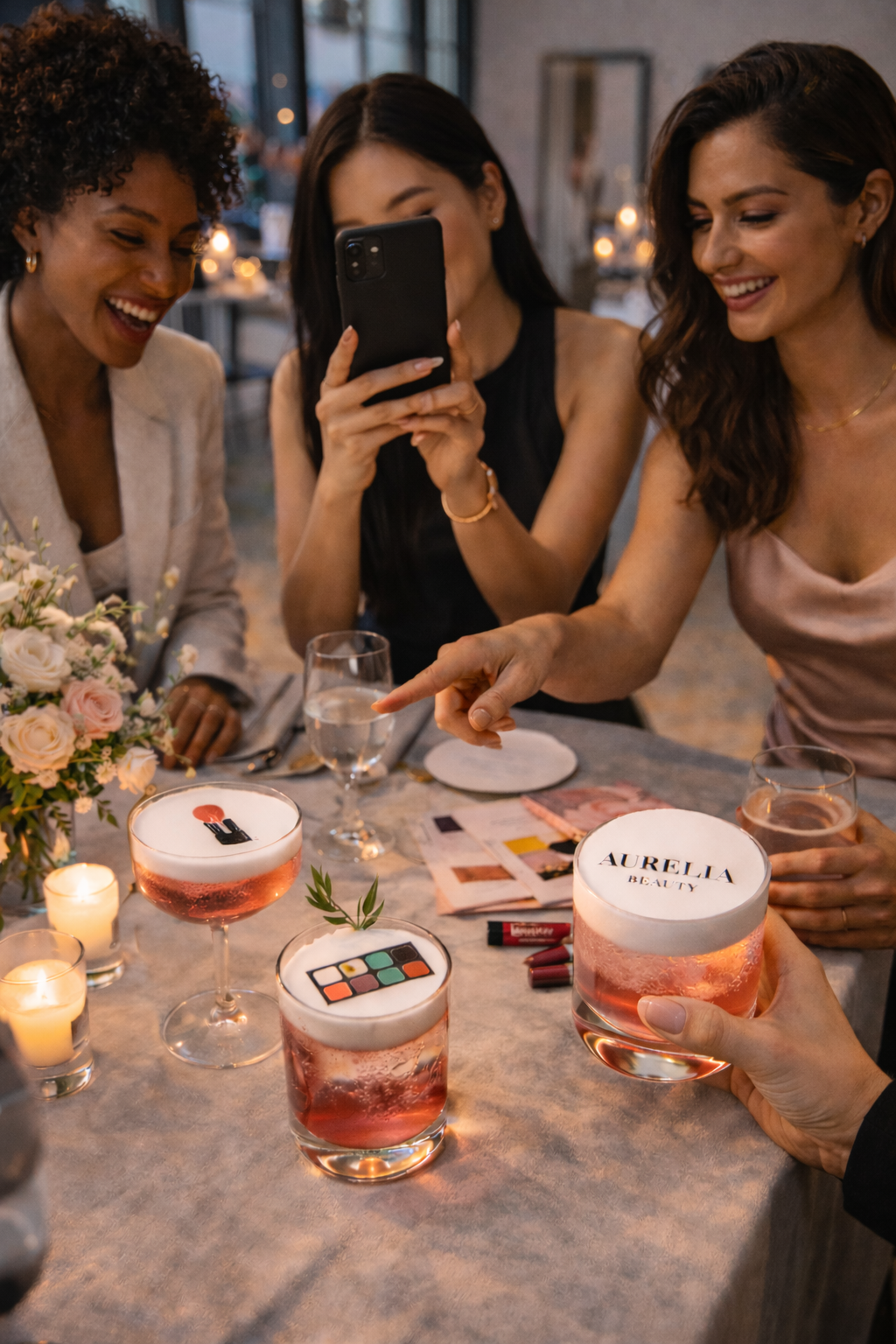 Three women at a table celebrating, with drinks and birthday cakes, one woman is pointing at the cakes, another woman is taking a picture with her phone, and the third woman is smiling. The cakes have decorative toppers and the table is adorned with 