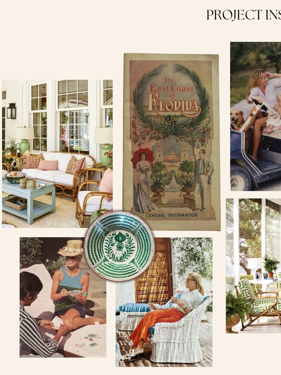 The best spaces don&rsquo;t begin with a fabric swatch.

For this series of outdoor spaces I gravitated towards sun-washed greens, natural browns, Old Florida wicker, Palm Beach gilded age references made contemporary. These references work together 