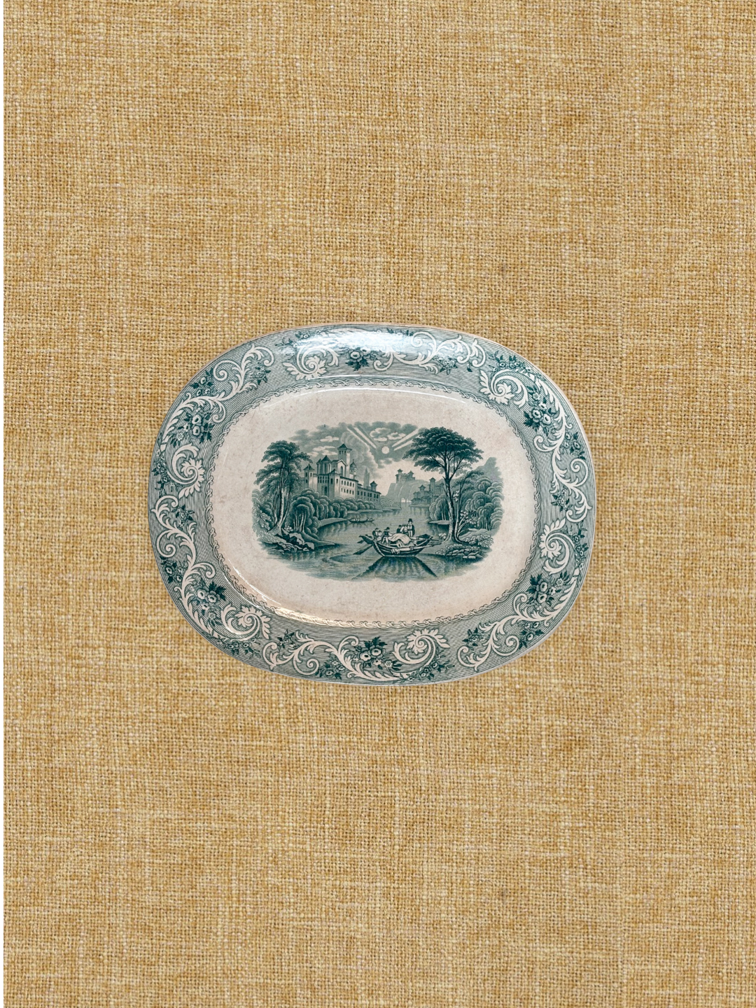 Antique Green Transferware “Rhine” Platter