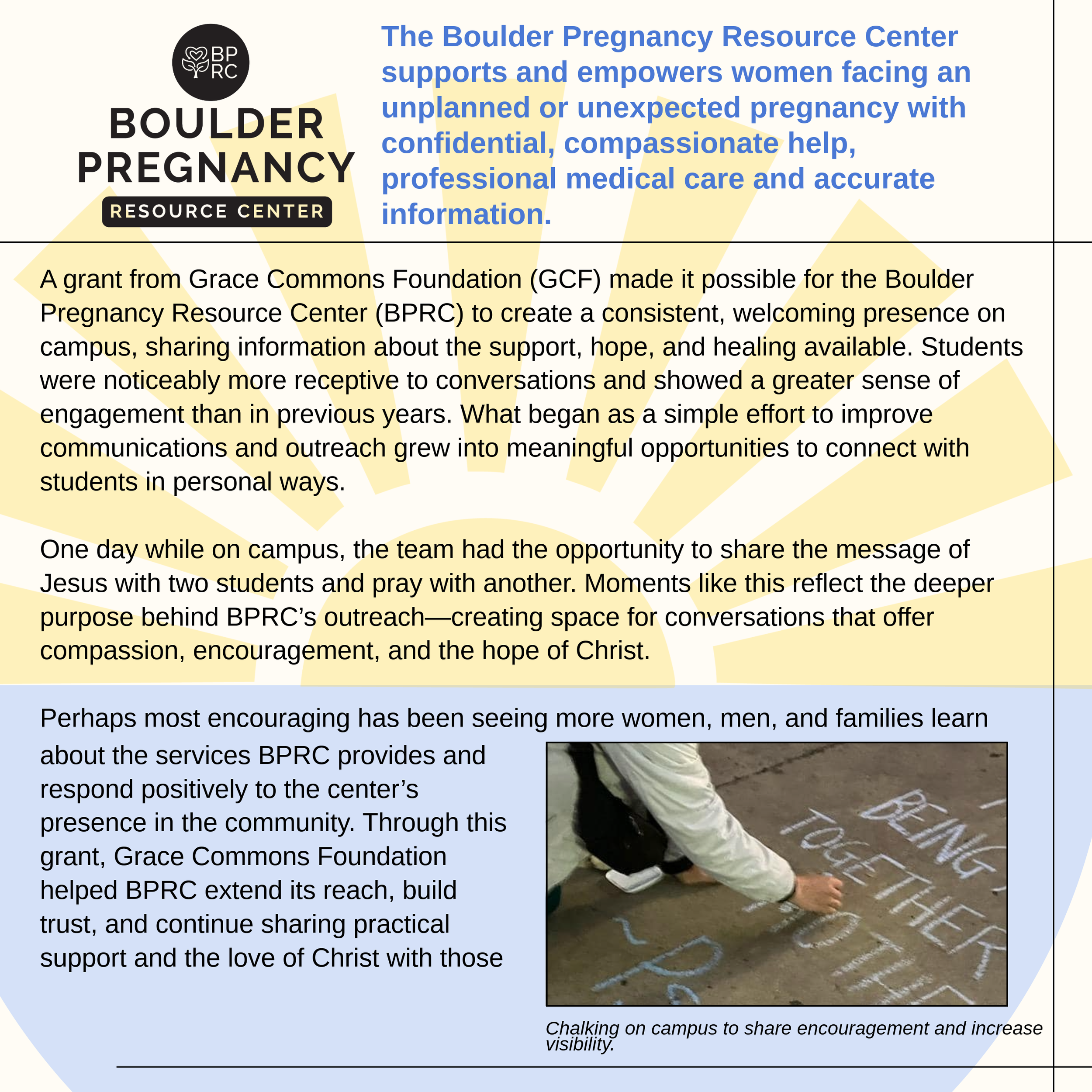 BPRC impact report — Grace Commons Foundation grant enabled a welcoming campus outreach presence sharing compassion and the hope of Christ.