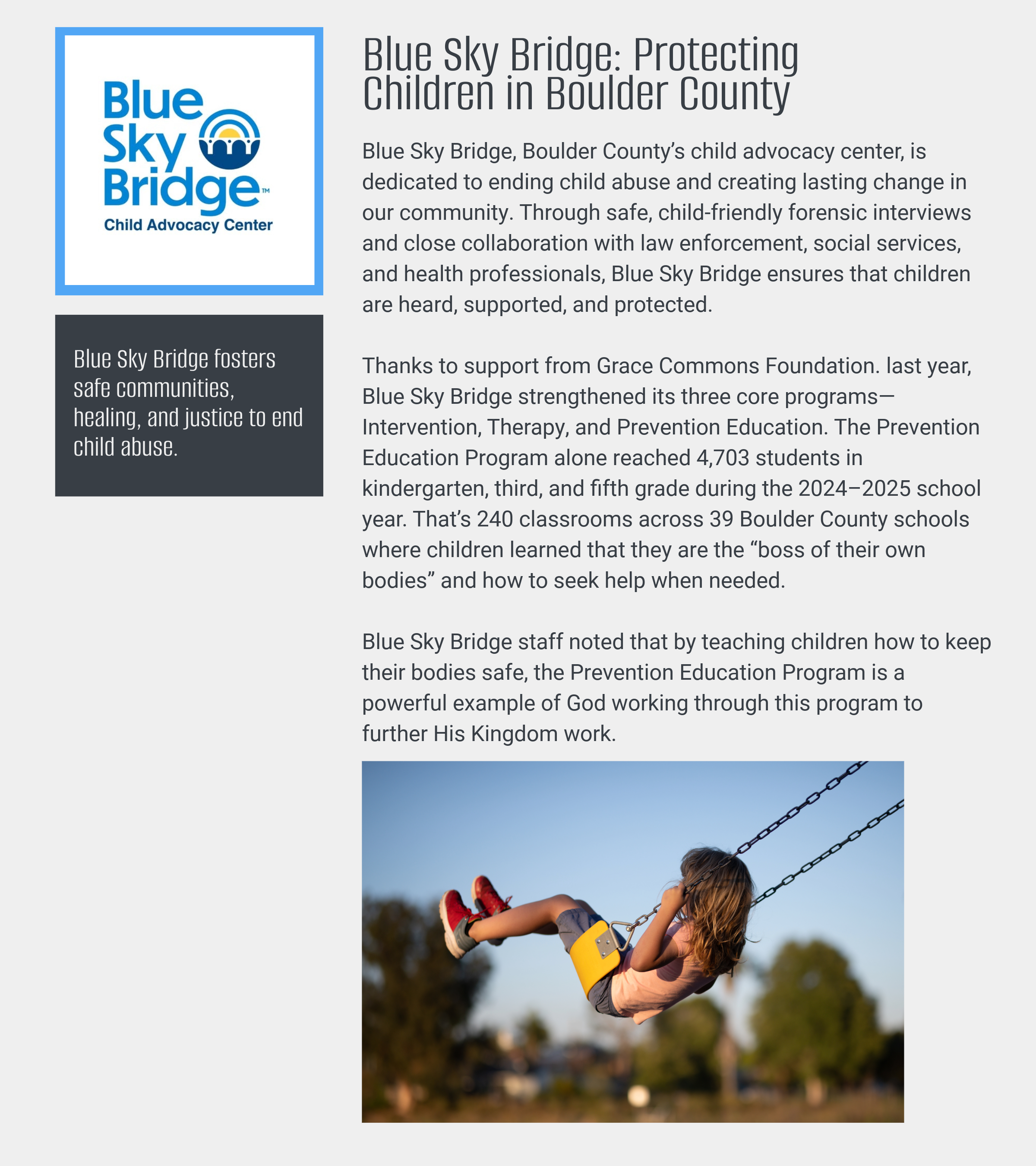 Blue Sky Bridge impact report — child advocacy center serving Boulder County, reaching 4,703 students across 39 schools through its Prevention Education Program.