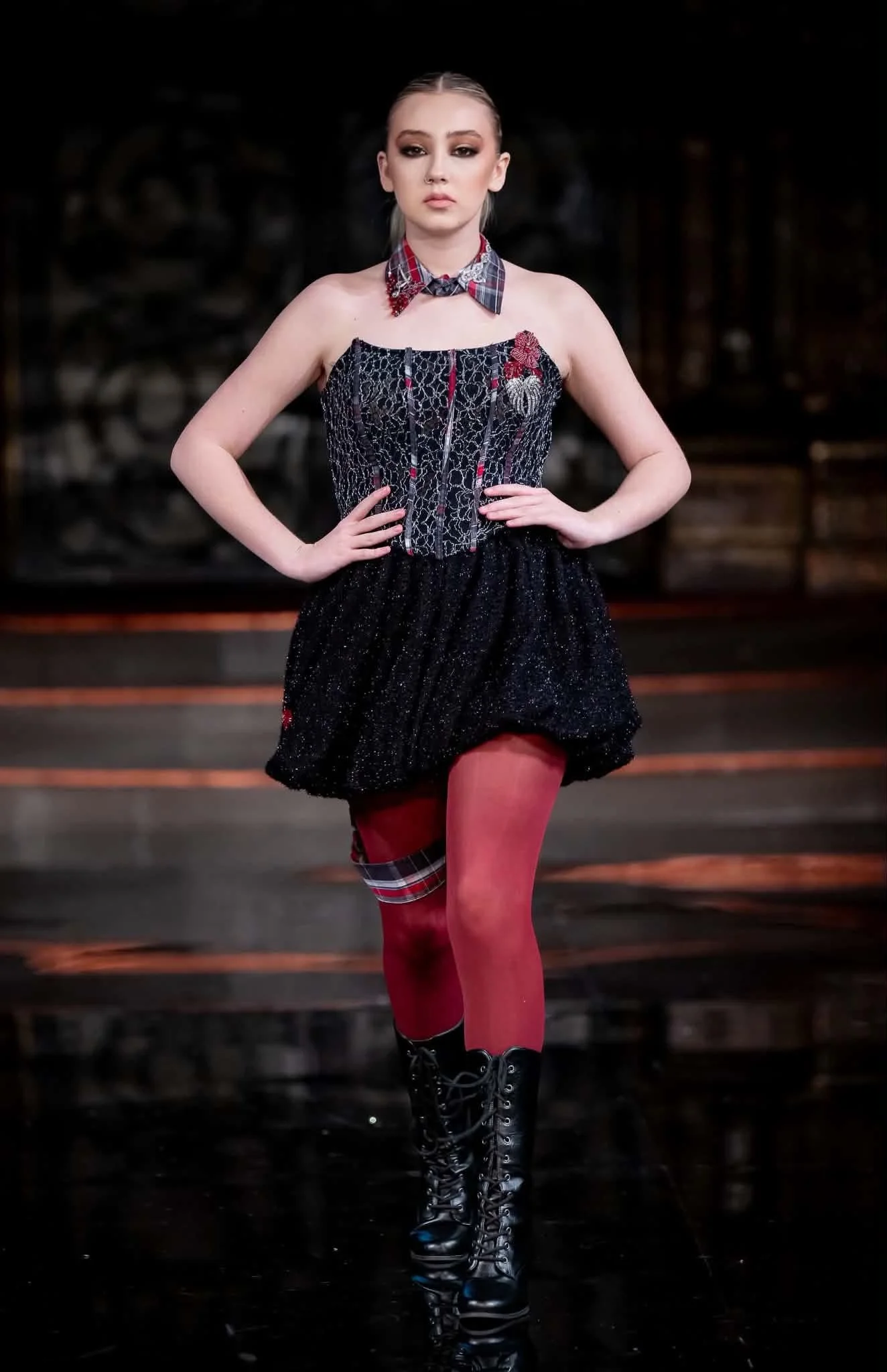 A model walks the runway for AlycesaundraL at Art Hearts Fashion, Angel Orensanz Foundation. February 15, 2026. 