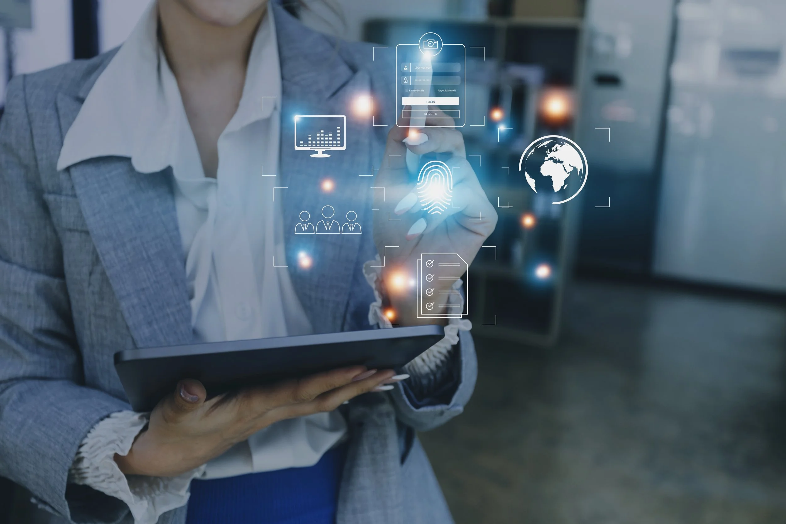 A person in business attire interacting with a virtual touchscreen interface that displays icons related to technology, global connectivity, and digital security.