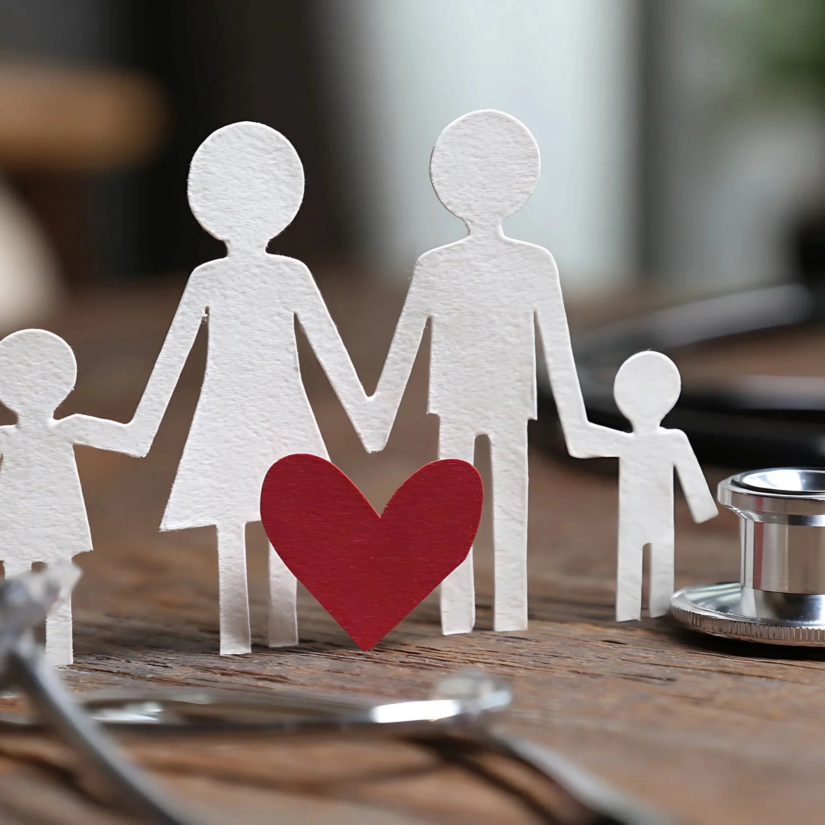 Paper cutout of a family holding hands with a red paper heart in front, on a wooden surface with a stethoscope nearby.
