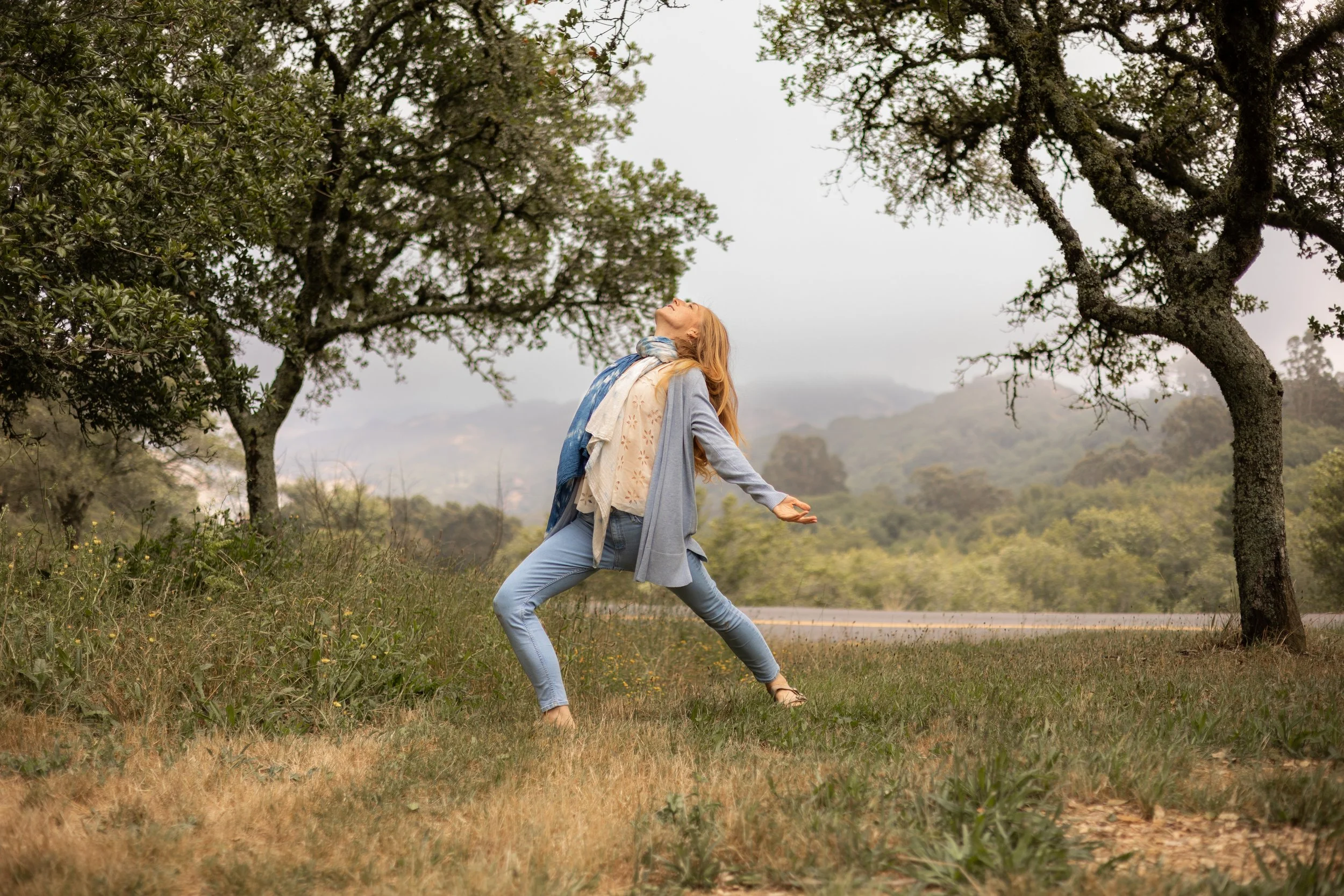 Woman practicing yoga outdoors in a grassy mountain landscape beneath large trees