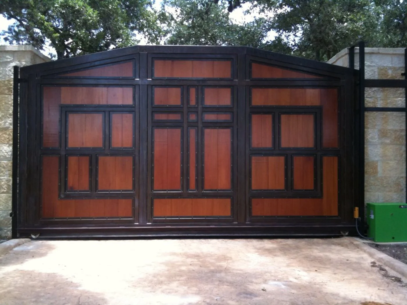 Driveway Gate, Private Residence; Dripping Springs, TX | 12.5' x 21' | steel, mahogany