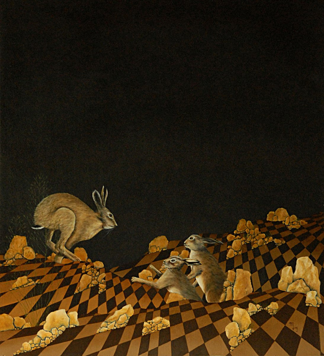 Three Rabbits in the Night | 16.5" x 15" | oil on panel