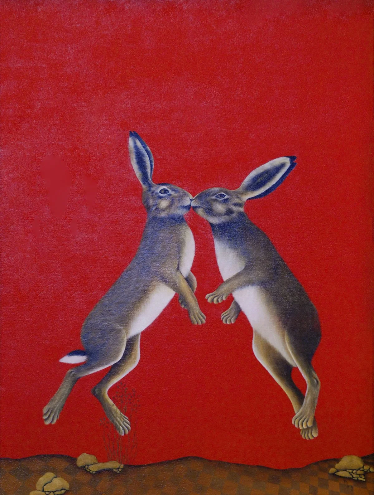 Kissing Rabbits In Red | 24" x 18" | oil on panel