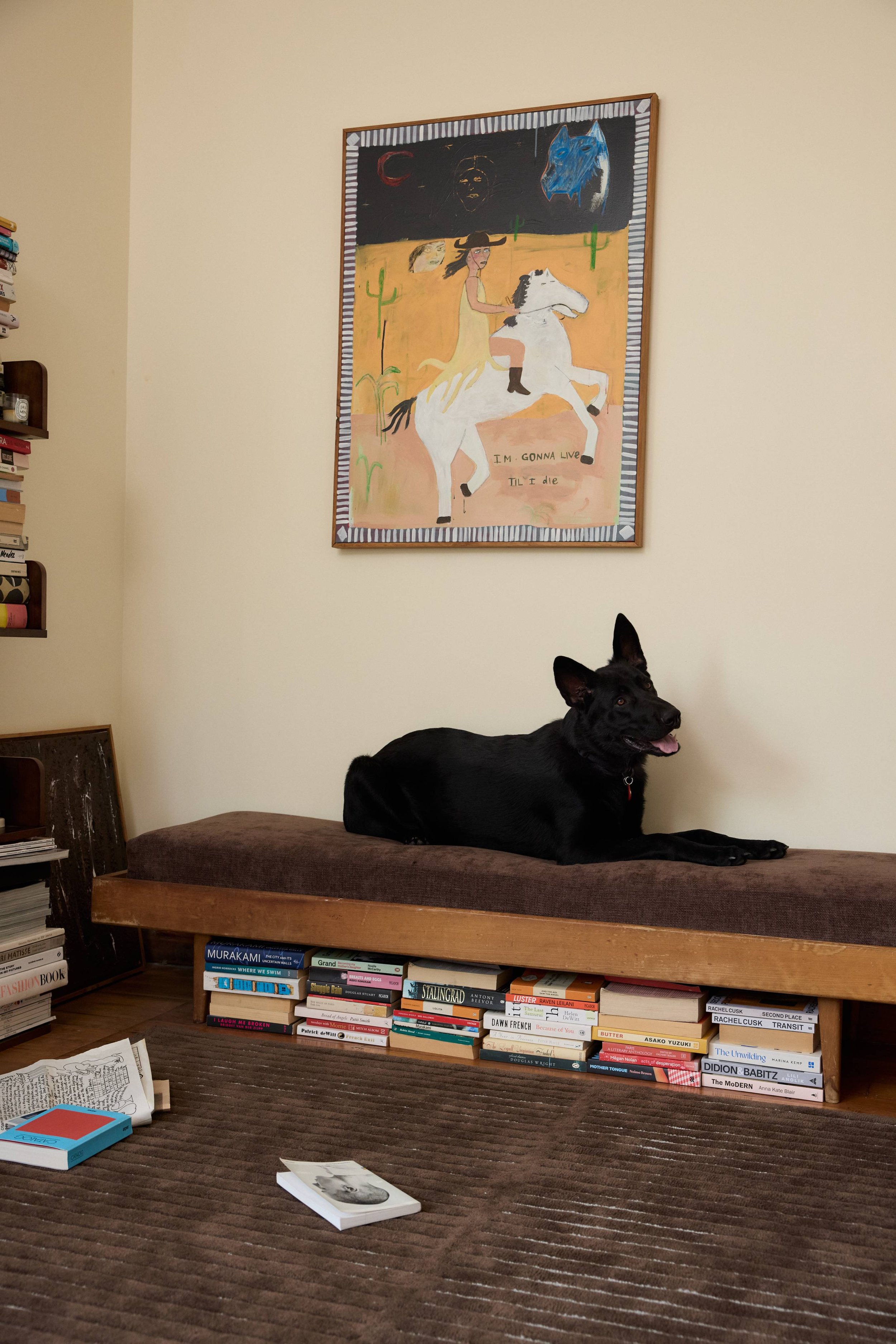 A black dog lying on a wooden bench with a brown 'Baya' rug in a room, with books underneath the bench, and a wall-mounted painting of a woman riding a white horse in a desert scene above it.