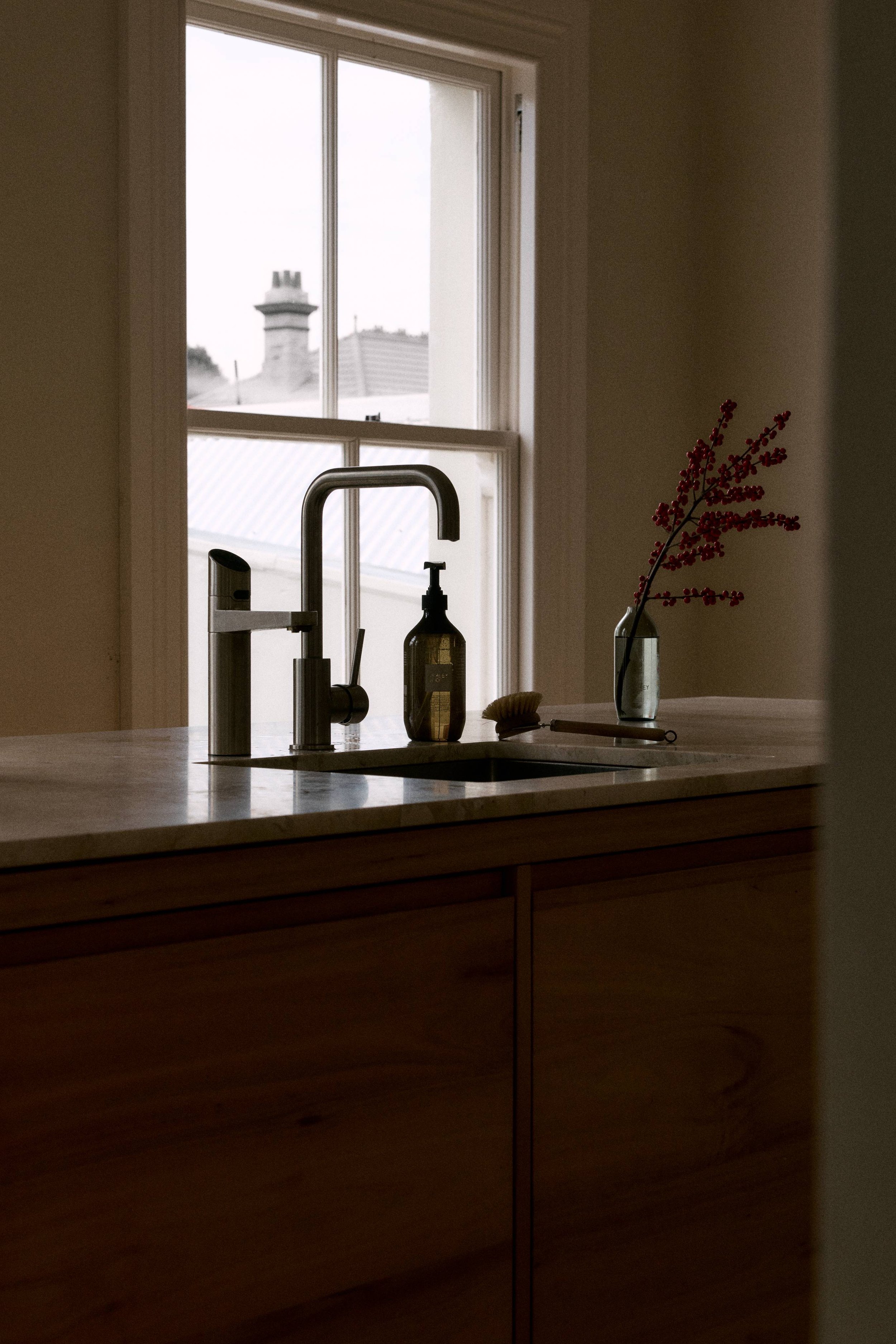 Kitchen sink with faucet, soap dispenser, brush, and a vase with red berries on the countertop near a window showing rooftops and chimney outside.