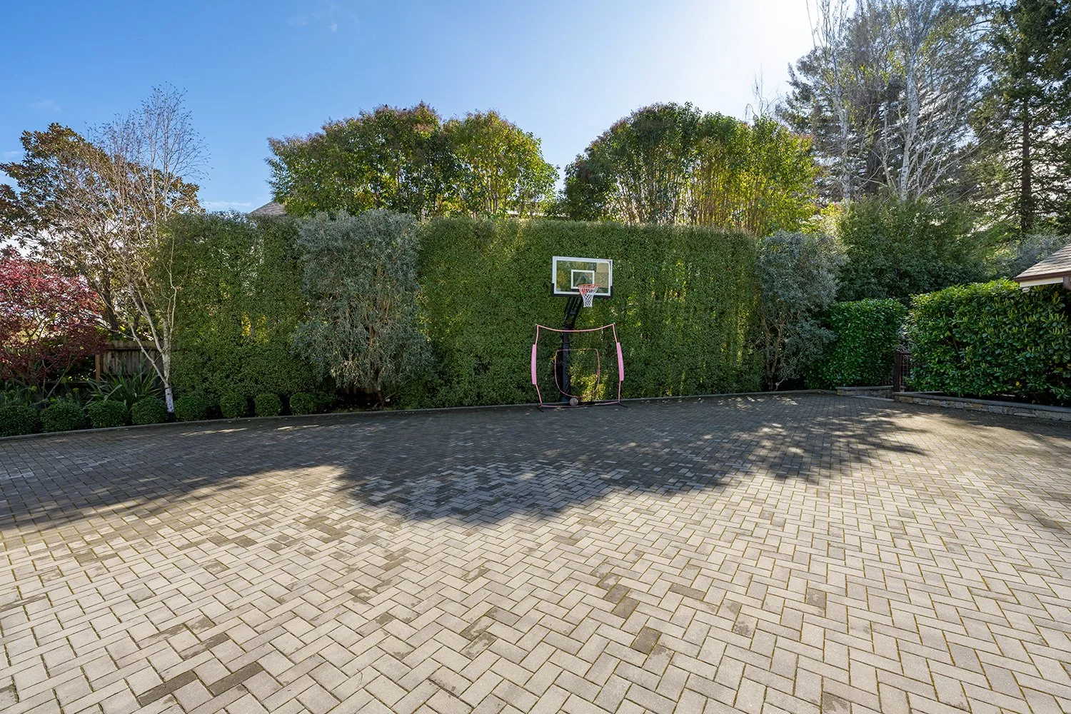 An outdoor basketball hoop with a net and backboard on a paved court, surrounded by greenery and trees under a blue sky.