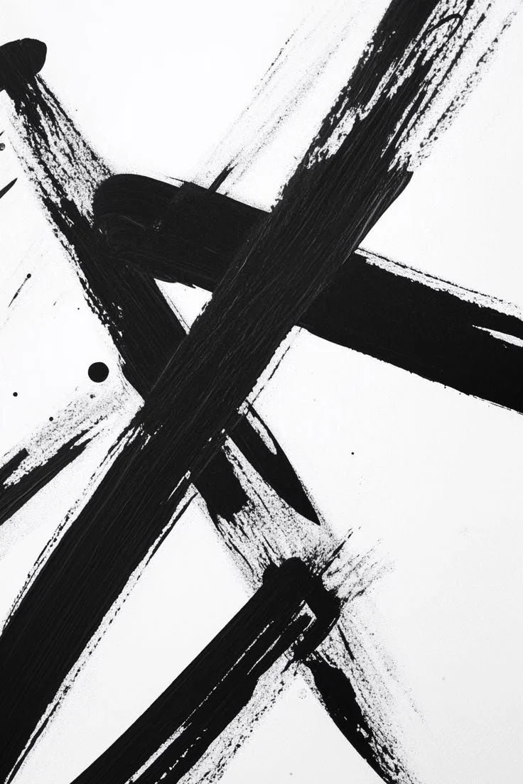 Abstract black brushstrokes and splatters on white background, crossing each other in various directions.