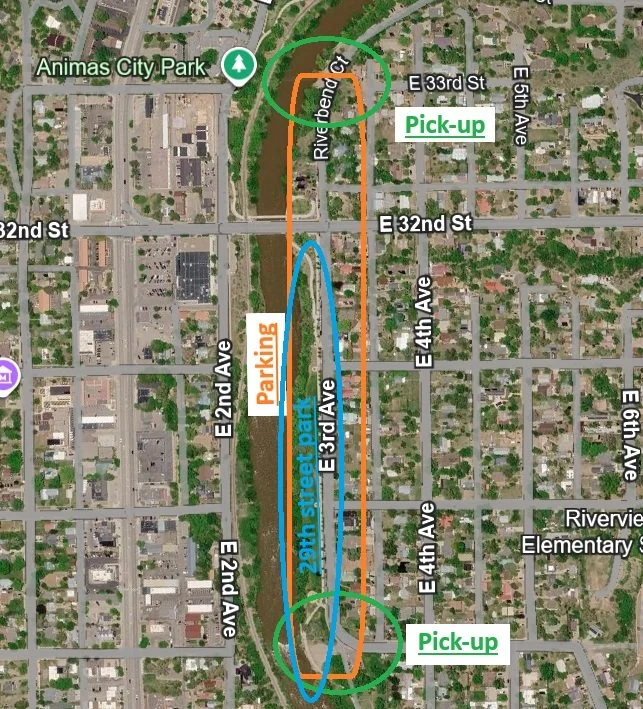 Map showing a parking area, two pickup zones at E 33rd St and E 32nd St, a designated street park along E 29th Street, and surrounding streets near Animas City Park and Riverview Elementary School.