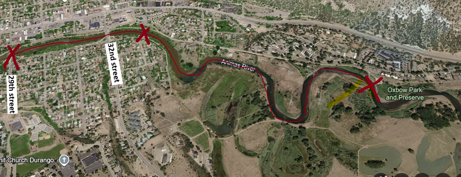 A map showing a trail along the Animase River, passing through Oxbow Park and Preserve, with marked points at 29th Street, 32nd Street, and another crossing, and red X marks indicating closures or points of interest.
