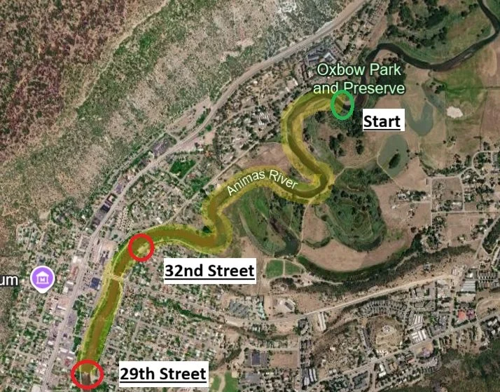 Aerial map of a trail along the Animus River in Oxbow Park and Preserve, showing starting point near the top, with marked locations at 29th Street and 32nd Street.