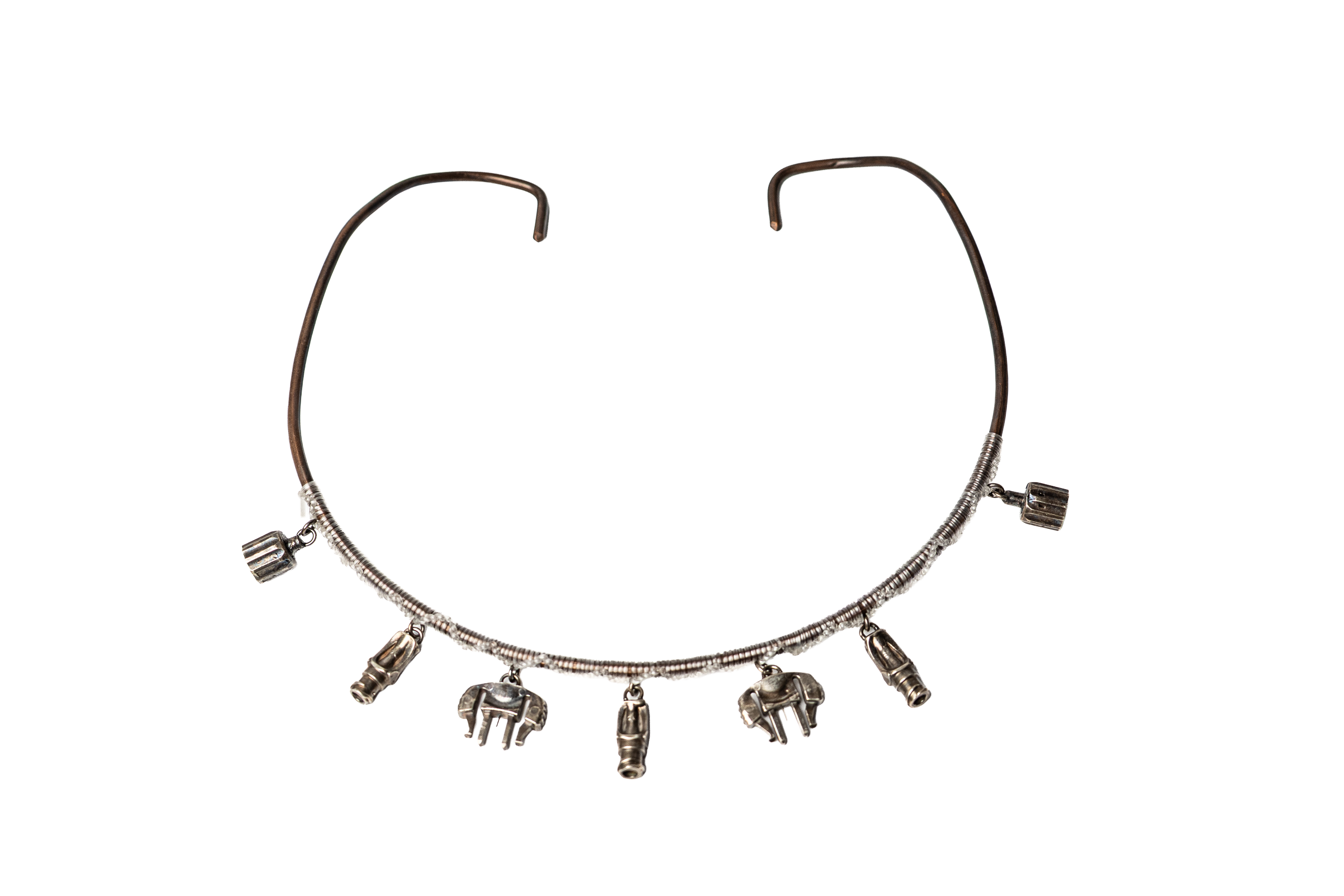 A silver necklace with tubing and infusion-shaped pendants hanging from it.